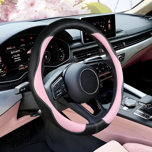 Vista 12 de Funda negra para volante de automóvil, antideslizante, transpirable, cómoda, de cuero PU, lindo protector universal, accesorios interiores