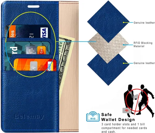 Vista 3 de Belemay Funda compatible con iPhone 15 Pro, piel auténtica, tarjetero con bloqueo RFID, carcasa de poliuretano termoplástico a prueba de golpes