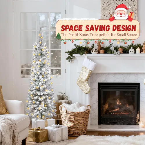 Vista 4 de Árbol de Navidad Delgado Preencendido de 4 Pies con Luces, Árbol de Navidad Artificial Estrecho con Nieve Artificial, Árbol Navideño Delgado