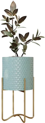 EverNest Mid-Century Modern Rhys - Maceta en relieve de panal con soporte Ambrose, macetas de metal para interiores, estilo bohemio azul y verde