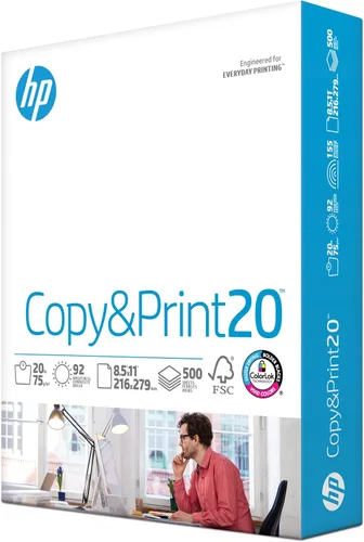 HP - Papel para impresora Copy&Print20 de 8.5 x 11, 20 libras. 1 resma con 500 hojas, brilantez 92. Fabricado en los Estados Unidos. Certificado FSC
