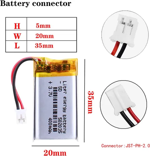Vista 2 de Litro 3.7V 400mAh 502035 Lipo batería recargable de polímero de litio batería de iones con JST PH 0.079 in conector