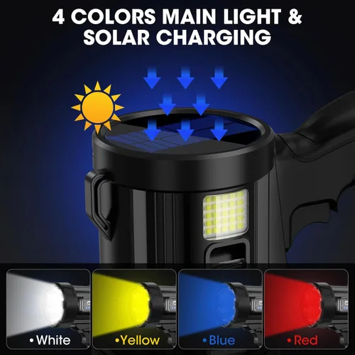 Vista 6 de Proyector recargable, 99,000 lúmenes, linterna LED de mano súper brillante, luz de punto al aire libre con luz de mazorca y paneles solares