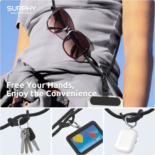 Vista 3 de SURPHY Cordón para teléfono, correa cruzada ajustable para teléfono con 2 pestañas de amarre para teléfono celular, hebillas de metal de alta Negro