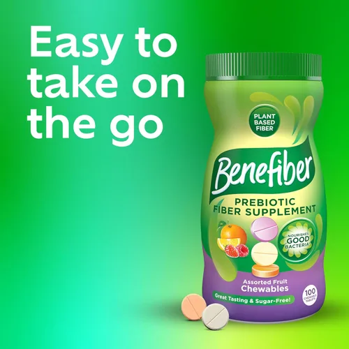 Vista 6 de Benefiber Tabletas masticables de suplemento de fibra prebiótica para la salud digestiva, sabores surtidos de frutas, 100