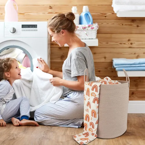 Vista 4 de XUANGUO Cesta de cuerda de algodón para ropa sucia, cesta de almacenamiento tejida para sala de estar, dormitorio, cesta de cuerda alta bohemia