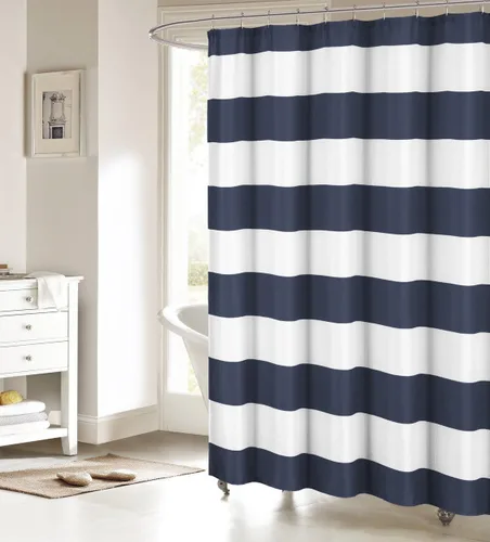 ALAGEO Cortina de ducha de tela con diseño de rayas náuticas para baño, 36 x 72 pulgadas, color azul marino y blanco, cortina de ducha para cabina