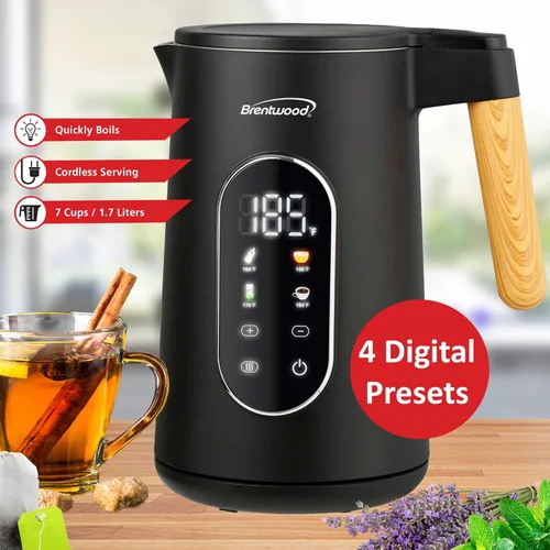 Vista 4 de Brentwood Hervidor digital inalámbrico Cool Touch de 1100 W y 1.7 L con interior de acero inoxidable, control de temperatura con 4 preajustes, base