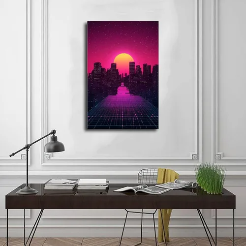 Vista 3 de Cyberpunk Minimal Wall Art – Retro Future Grid Skyline Canvas, Neon Tech Decor for Office Or Bedroom Art Wall Decoration Poster Family Bar