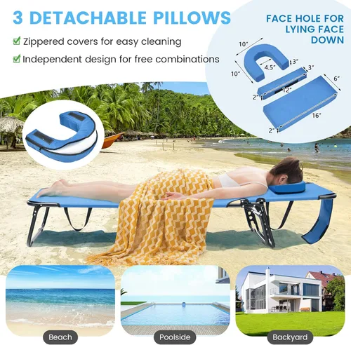 Vista 4 de GYMAX Silla bronceadora, silla de playa de 350 libras con orificio facial, almohada lavable desmontable y correa de transporte, tumbona plegable