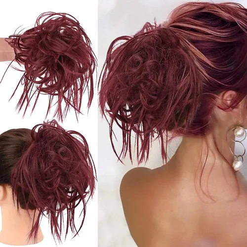 Vista 12 de HMD - Extensiones de cabello tipo chongo alborotado con rodelo despeinado, banda elástica de goma, extensiones de cabello sintético para mujer