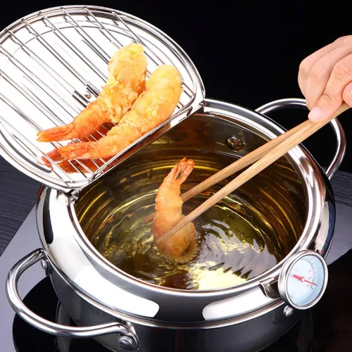 Vista 6 de Olla japonesa para freidora, freidora de acero inoxidable 304 con rejilla de drenaje de aceite para astillas, revestimiento antiadherente resistente