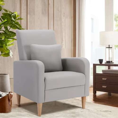 Vista 19 de COLAMY Mid-Century - Silla decorativa tapizada moderna con almohada trasera y patas de madera maciza, sillón acogedor de tela para sala de estar
