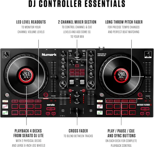 Vista 3 de Numark Mixtrack Platinum FX DJ Controller y M-AUDIO BX3 Par de monitores Bluetooth Studio para grabación de estudio, producción de música