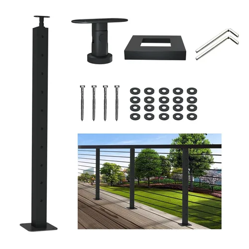 Vista 2 de 1 poste de barandilla de cable de 36 x 2 x 2 pulgadas (columna cuadrada de 33 pulgadas), acabado negro de acero inoxidable, para escaleras