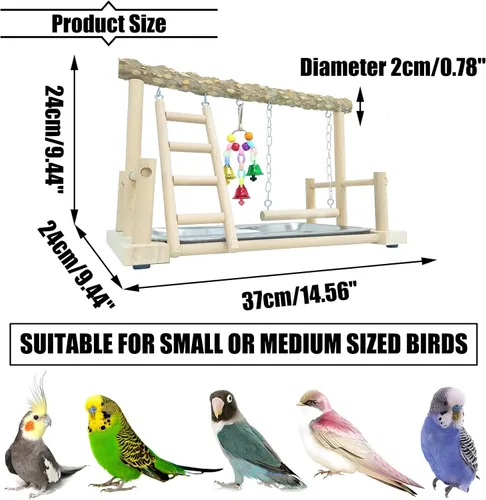 Vista 7 de PINVNBY Parque infantil para pájaros, soporte de madera para ejercicio, perca, gimnasio, escalera, con comedero, columpio, juguetes para periquitos