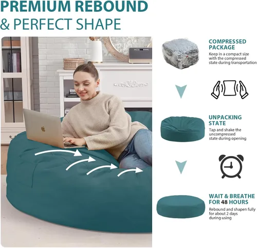 Vista 336 de Puf de 5 pies, puf grande con relleno de espuma viscoelástica, sofá puff esponjoso con funda de terciopelo holandés, puf redondo para sala de estar