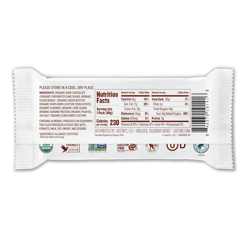 Vista 5 de Justin's Tazas de mantequilla de almendras orgánicas, chocolate negro, cacao certificado Rainforest Alliance, sin gluten, de origen responsable, 1.4