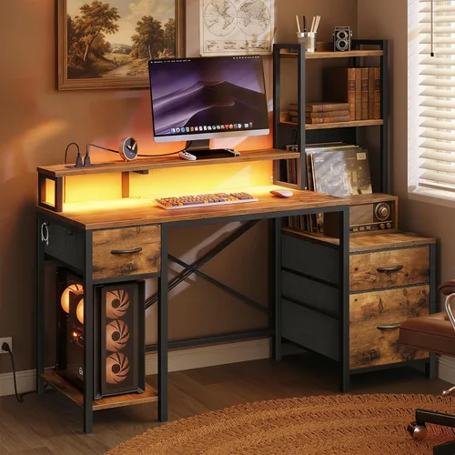 Vista 9 de RALGEND Escritorio para juegos de 55 pulgadas con toma de corriente y luz LED, escritorio para computadora con cajones de tela, estantes