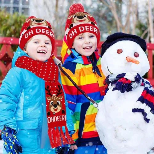 Vista 4 de Gorros de Navidad con luz LED, bufanda de punto, gorro de Navidad para adultos y niños, gorro de Navidad cálido para invierno
