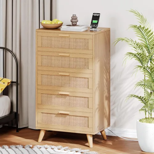 Vista 20 de Rovaurx Cómoda doble de 6 cajones para dormitorio, cómoda de ratán, cómoda de madera moderna con asas doradas, mesa auxiliar para armario, sala