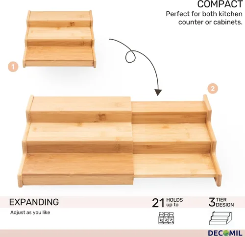 Vista 2 de DECOMIL - Organizador de especias para gabinete, estante de especias escalonado para encimera, bambú, expandible 8,75 (expandible a 15,5) x 8,25 x 3