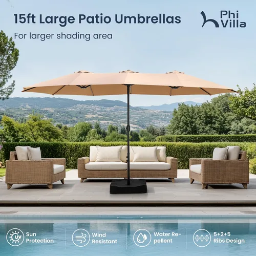 Vista 2 de PHI VILLA Sombrilla grande de 15 pies para patio con base incluida, sombrilla de doble cara rectangular para exteriores de gran tamaño con soporte