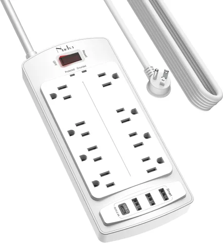 Vista 11 de Regleta de Protección contra Sobretensiones - Nuetsa Cable de Extensión de Enchufe Plano con 8 Tomas y 4 Puertos USB, Cable de Alimentación de 6