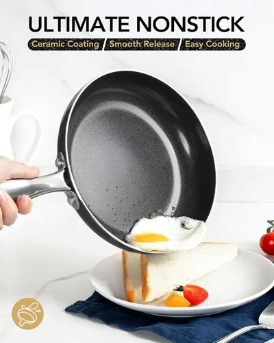 Vista 2 de MICHELANGELO Sartén pequeña – Sartén antiadherente de 8 pulgadas con tapa, sartenes de cerámica no tóxicas con mango de acero inoxidable, sartén
