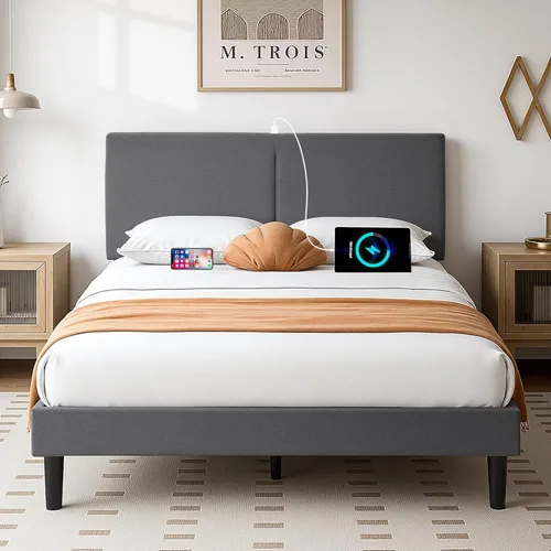 Vista 8 de VECELO Base de cama tamaño Queen tapizada con cabecera de algodón y lino ajustable en altura, listones de madera resistente, espacio debajo