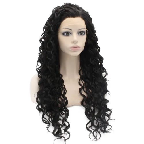 Vista 2 de MX angel Peluca con estilo natural natural de celebridad negra con frente de encaje frontal largo y rizado