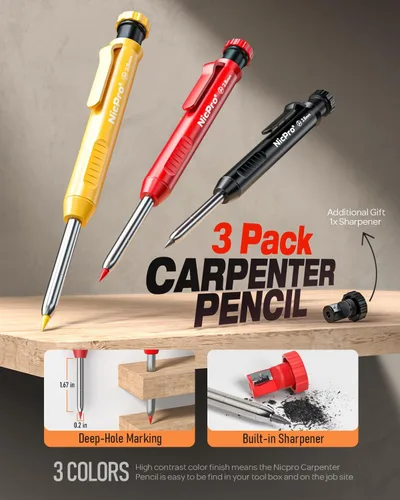 Vista 4 de Nicpro Paquete de 18 lápices mecánicos para carpinteros, lápices de construcción con 60 recambios, punzón automático de centrado y herramienta