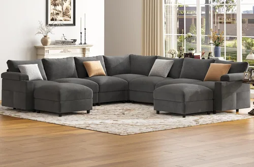 Vista 15 de Sofás seccionales para sala de estar, sofá modular de terciopelo certificado FSC, de gran tamaño, en forma de nube, sofá convertible en forma de U