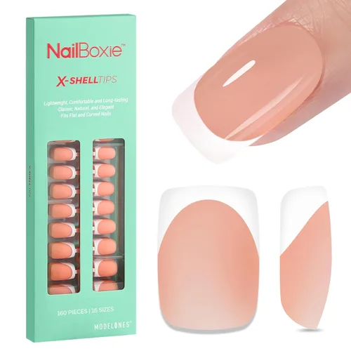 Vista 12 de modelones Uñas postizas a presión con punta francesa, 150 uñas postizas cuadradas extra cortas con caja de uñas, puntas de uñas de gel rosa