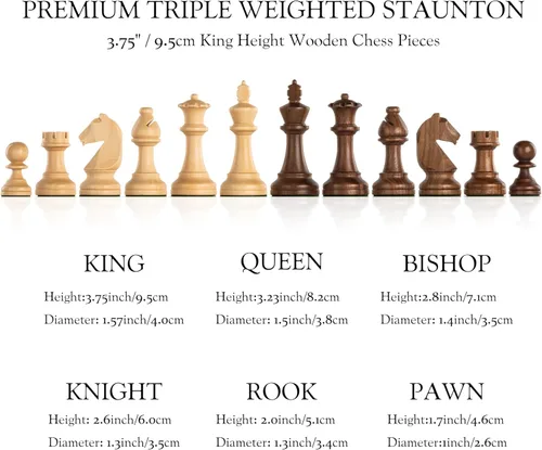 Vista 2 de A&A Piezas de ajedrez de madera Staunton con triple peso premium con 2 extra Queen – Altura King 3.75"/9.5cm / 2 bolsas de almacenamiento - Madera