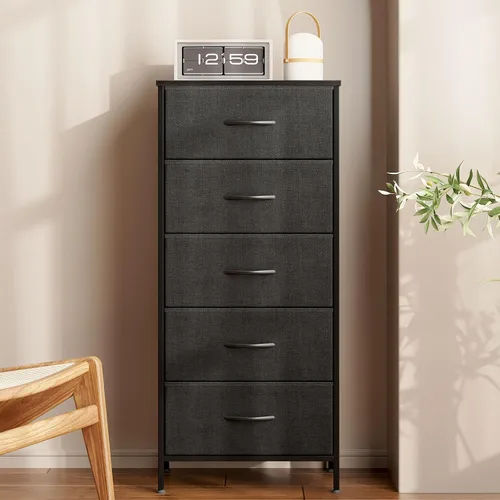 Vista 10 de AODK Cómoda para dormitorio con 5 cajones de almacenamiento, cómoda alta de 48" con cajones de tela con marco de acero resistente, negro