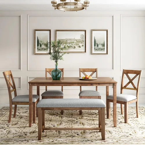 Vista 23 de Juego de mesa de comedor de madera de 60 pulgadas de largo con cajones pequeños, banco y 4 sillas de diseño ergonómico, juego de mesa de comedor