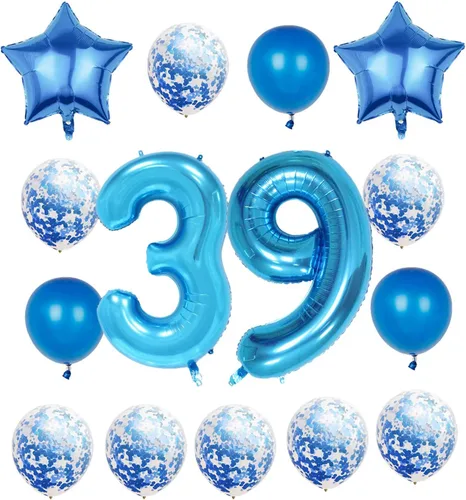 Decoraciones para cumpleaños de 39 años, suministros para fiestas, globos azules del número 39, globos gigantes de aluminio Mylar de 40 pulgadas