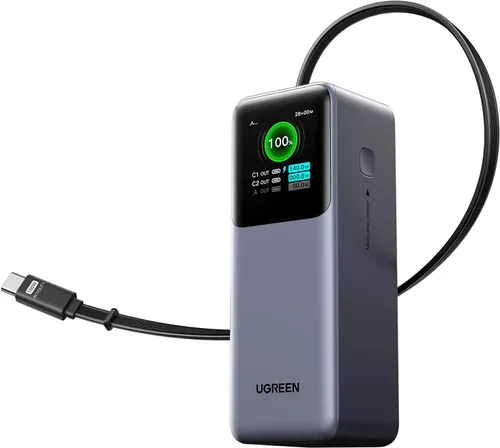 UGREEN Nexode Power Bank 20000mAh 165W con cable USB C incorporado, cargador portátil de viaje para laptop, entrada de 100W, carga rápida para