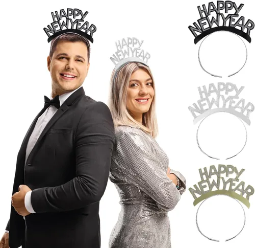 Amosfun Happy New Year Tiara - Diadema para fiesta de Año Nuevo, color dorado, plateado y negro, 12 piezas