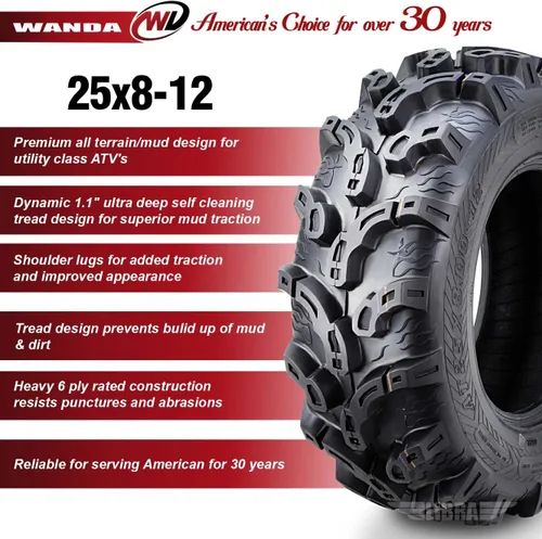 Vista 3 de WANDA Juego de 4 neumáticos Premium ATV/UTV 25x8-12 25x8x12 delanteros y traseros Super Lug Mud