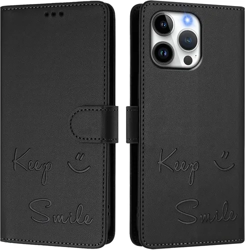 Vista 3 de Flip Wallet Case for Motorola Moto E32 4G (Int'l), Keep Smile Embossed Leather Cover with Card Slots, RFID Blocking, Kickstand, Wrist Strap Black.