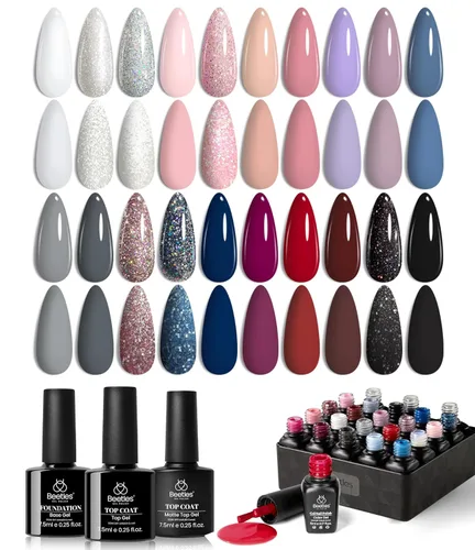 beetles colección “Muse” - Esmaltes en gel, 20 colores, nude, gris, rosa, azul y brillantina, kit de manicura para principiantes con 3 frascos de