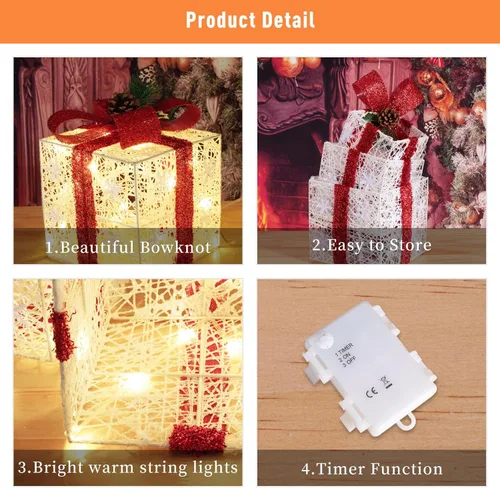Vista 4 de Juego de 3 cajas de regalo iluminadas de Navidad, cajas de regalo de Navidad a pilas, LED blanco cálido con lazos para árbol de Navidad