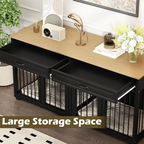 Vista 5 de Muebles para Perrera, 64.6 Pulgadas de Madera Resistente Jaula para Perros Grande Estilo Mueble con Cajones y Divisor, Casa para Perros