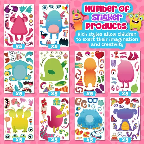 Vista 4 de Haz una cara, 50 hojas de calcomanías de bricolaje con temática de monstruos para niños, 10 estilos perfectos para cumpleaños, aula, idea de bolsa