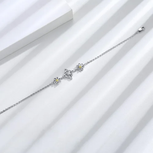 Vista 4 de Midir&Etain Pulseras de protección de margaritas con nudo de brujas para mujer, pulsera celta, Nudo De Bruja Plata 925, pulsera original de buena