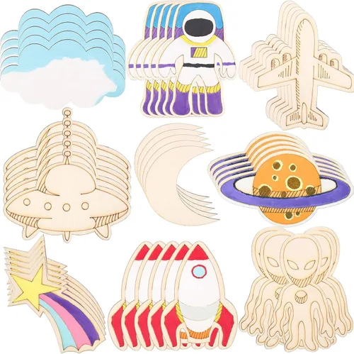 Vista 7 de Jetec 27 piezas de manualidades del espacio exterior, recortes de madera sin terminar, temática espacial, recuerdo de fiesta, cohete, planeta