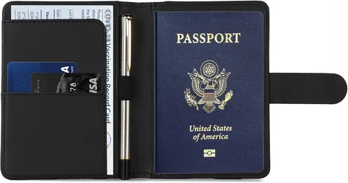 Vista 2 de Melsbrinna Funda de cuero prémium para pasaporte, impermeable, con bloqueo RFID, cartera de viaje con soporte para bolígrafo, bonito libro