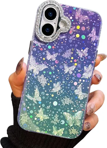 Vista 111 de I-MGAE-IN-AR - Funda diseñada para iPhone 12 y 12 Pro, diseño de mariposa plateada brillante, funda protectora de poliuretano termoplástico, suave
